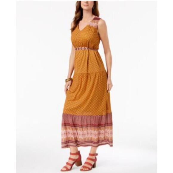 Style And Co Gold Red Tie Back Maxi Tank Dress L - Picture 1 of 6